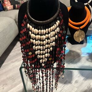 Handcrafted Cowrie Shell and Red Koffi Seed Statement Necklace